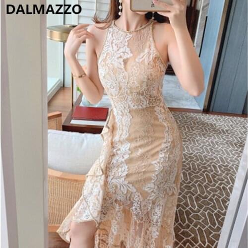 DALMAZZO 2021 Summer Designer Mermaid Fashion Lace Embroidery Slim Long Dress Women Sleeveless Ruffles Holiday Vestidos Female
