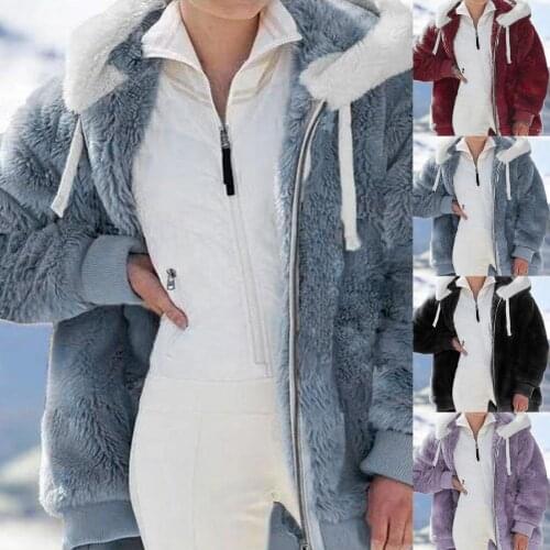 2021 Popular Winter Coat Solid Color Hooded Drawstring Women Warm Plush Hooded Pockets Coat Comfortable To Wear for Daily Wear