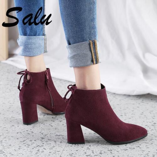 Salu Fashion Boots Women Ankle Boots Autumn Winter Warm Suede Leather High Heels Shoes Woman Tow Heel Design Size 41 42 43