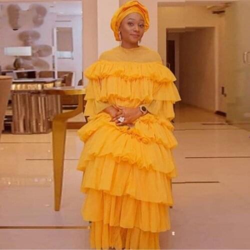 Saudi Arabic Evening Dresses Yellow Plus Size Layered Tiered A Line Full Sleeves Prom Dress African Women Formal Party Gowns