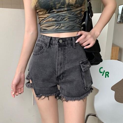 Trendy Streetwear Female High Waist Loose Vintage Hole Tassel Denim Shorts Spring Summer Women Retro Wide Leg Jeans Shorts