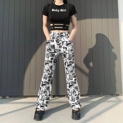 Streetwear Black White Printed Flare Pants Mid Waist Trousers Punk Clothes 90s Aesthetic Moda Mujer Bottoms Trendy Fashion 2021