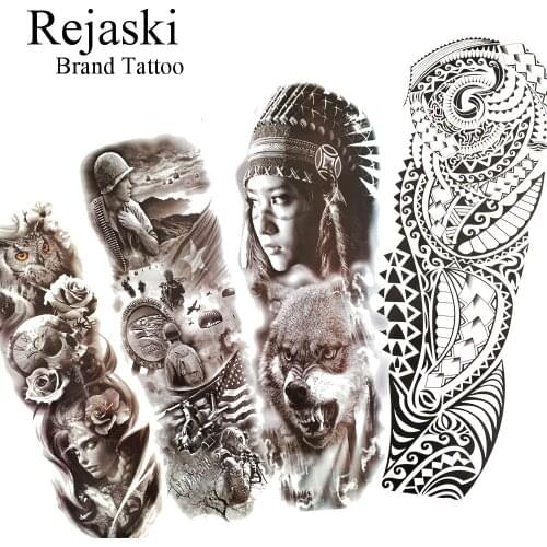 Rejaski Maori Totem Full Arm India Waterproof Temporary Tattoo Sticker For Women Men Girls Wolf Fake Big Arm Black Tattoo Paper