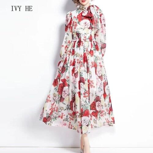 IVY HE High Quality Early Autumn Dress Woman Clothing Light Luxury Charming Rose Print Long Dress ZA Traf Party Vintage Dresses