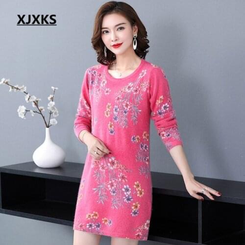 XJXKS High-end Mink Cashmere printed women long sweater 2020 spring new loose plus size comfortable women dress