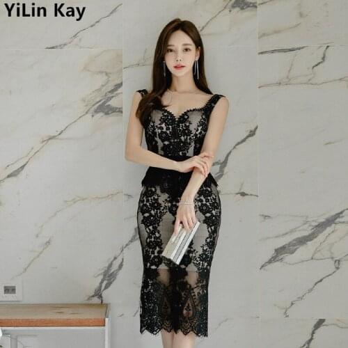 YiLin Kay 2020 Women Hollow Out sleeveless Bodycon Dress Temperament sexy back strap lace Dresses Vestidos