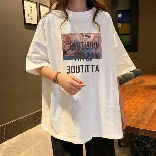 Oversized T-shirt Cartoon CEC Letter Vintage Printing Short-Sleeved T-shirt for Women Trendy 2021 Harajuku Womens top