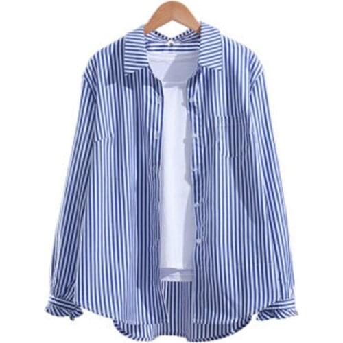 Blue vertical striped shirt women 2021 spring and autumn new Korean lace sleeve design fashion striped shirt A112