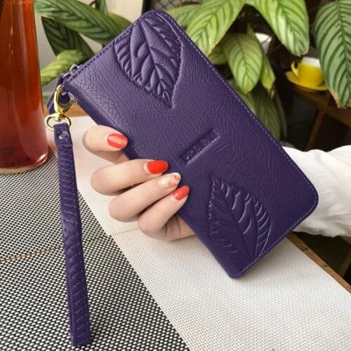 Womens Wallets and Purses PU Leather Wallet Female Wristband Leaf Print Long Women Purse Large Capacity Bag Women Wallet