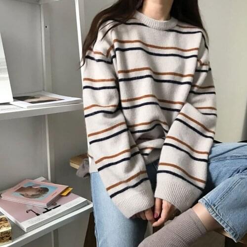 Pullovers Women Comfy Knitted Crew-Neck Sweaters Daily Tops Womens Pullover Sweet School Girl Striped Sweater Winter Outfit