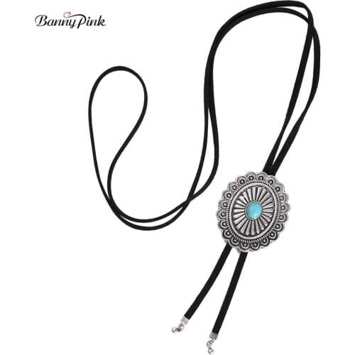 Banny Pink Vintage Concho Women Pendant Necklace Ethnic Sunflower Dangle Sweater Chain Necklace long Pu Leather Rope Necklace