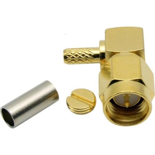 100pcs RF Connector Brass Gold Plated SMA Male Plug Right Angle for Crimp Coaxial RG174 RG316 RG178 LMR100 Cable wholesale