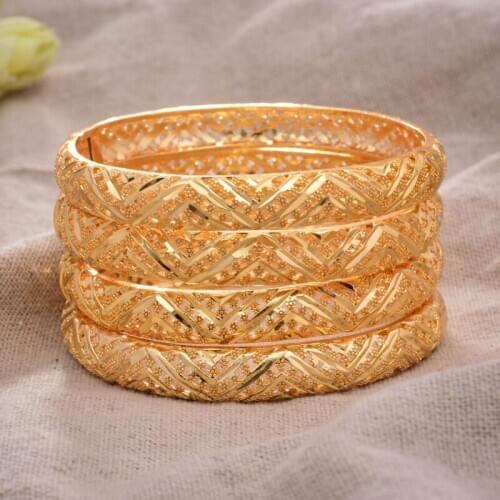 24K 4Pcs/lot African Gold Color Shiny Bangles for Women Girls Dubai Circle Bracelet Jewelry Ethiopian Bride Wedding Jewerly Gift