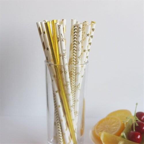25Pcs/pack Gold Foil Stripe Paper Straws Gold heart Star Foil Stripe Paper Straw Wedding Decoration Kids Birthday Party Supplies