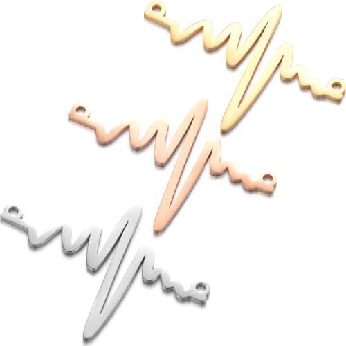 5pcs/lot Mirror Polished Stainless Steel Gold Electrocardiograph Lightning Double Holes Pendant for Making Necklace Jewelry Gift