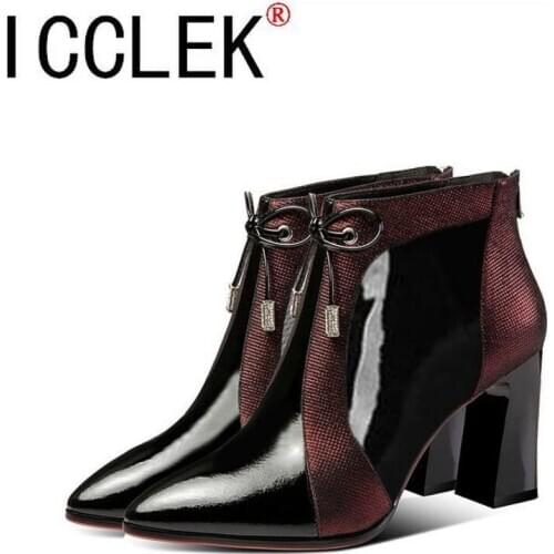 High Heeled Ankle Boots Woman Warm Shoes Womens Booties Pointed Toe Thick Heel Color Matching Blue Wine-red