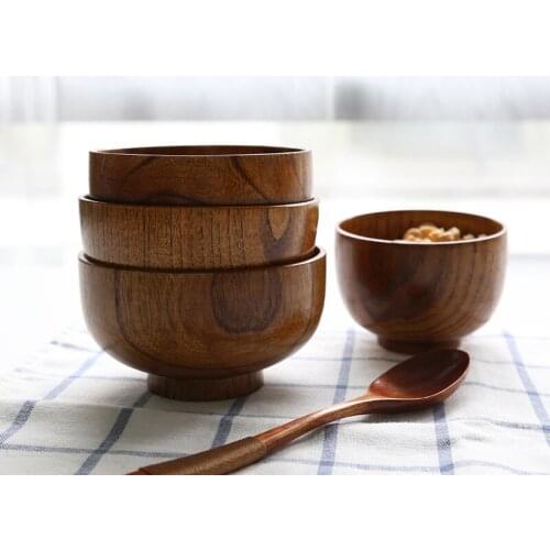Japanese Style Wood Rice Soup Bowl Salad Bowl Wooden Food Container Heat Resistant Bowl for Kids Kitchen Tableware Utensils