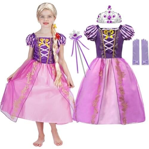 Disney Halloween Birthday Party Dress Up Rapunzel Costume for Girls Purple Puff Sleeve Fancy Princess Cosplay Clothing Children