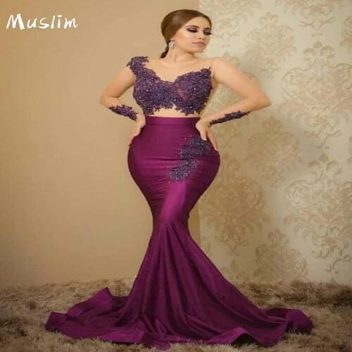 Purple Mermaid Evening Dress With Lace Illusion Long Sleeve Satin Arabic Prom Dresses 2021 Plus Size Robe De Soirée De Mariage