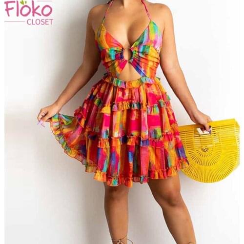 Flokocloset Sexy V-Neck Spaghetti Strap Halter Mini Dress Summer Rainbow Print Beach A-LINE Ruffle Cut Out Dresses