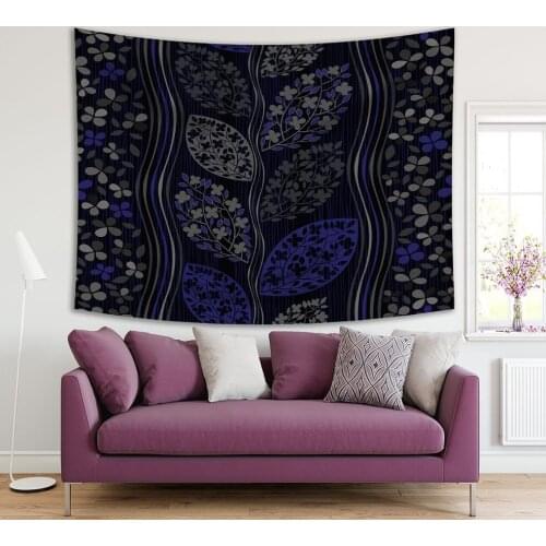 Tapestry Flowers Leaves Branches Pattern Vertical Stripes Vintage Color Artwork Gray Blue Black