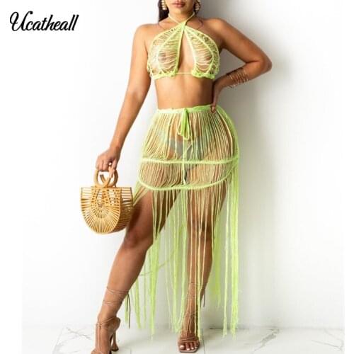Summer Sexy Women Set Sleeveless Crop Tops+tassel Skirt Femme Outfits V Neck Women Beach 2PCS Knitted Hollow Out Two Piece Set