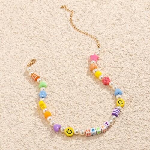 Korean Charms Rainbow Pearl Letter Smiley Necklace For Women Beads Vintage DIY Heart Star Lock Necklace Charms 90s Aesthetic New