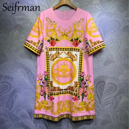 Seifrmann Summer Fashion Women Designer Party Short Dress Gorgeous Crystal Vintage Printed Ladies Loose A-Line Dresses vestidos