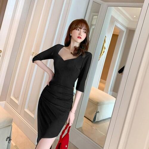 2021 Summer Wear New Womens Sexy Low-Cut V-Shaped Slim Hip Bag Irregular Black Temperament Dress