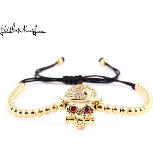 Little MingLou Luxury red zircon CZ skull Charm copper bead Braided men skeleton bracelets & bangles for women Jewelry