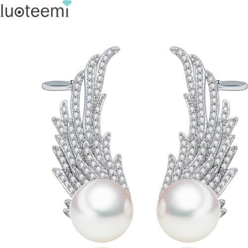 LUOTEEMI New Design Wing Shape Charm Drop Earrings Zircon Imitation Pearl Big Dangle Brincos for Women boucle d'oreille Jewelry