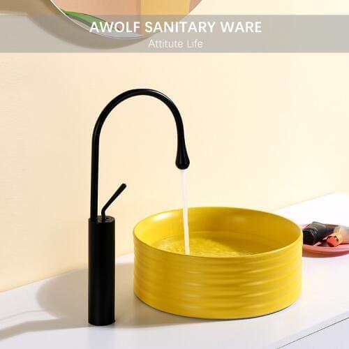 Matte Yellow Ceramic Vessel Bathroom Sinks Above Counted With Drain Soft Hose Designer Round Washing Basin Bowl Modern AM928