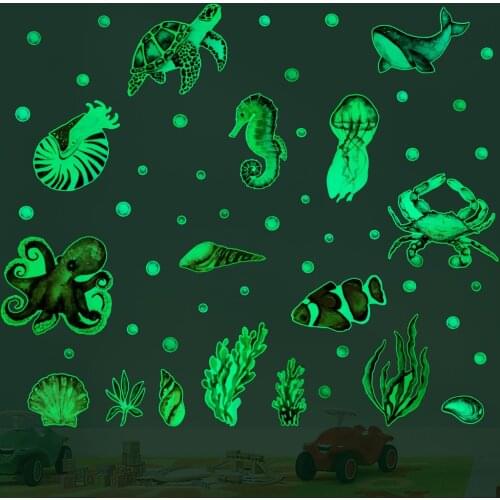 Cute Ocean World Wall Sticker Octopus Turtle Shark Marine Animal Luminous Sticker Wall Decor for Living Room Decoration