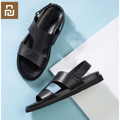 Qimian Men Leather Sandals Lightweight Soft Genuine Leather Upper Summer Classic Mens Shoes Slippers Outdoor Walking Footwear