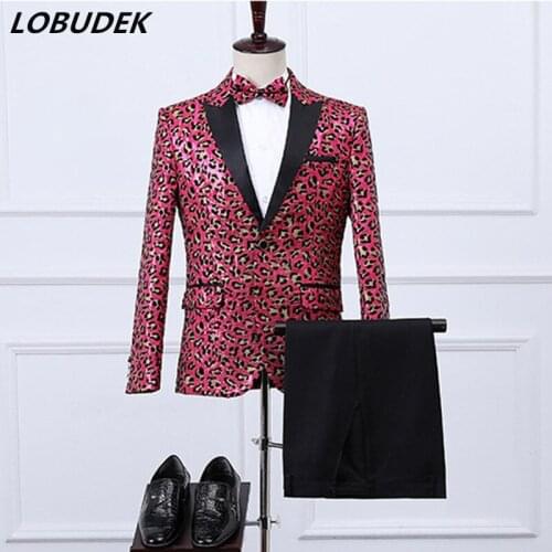 Mens Sequins Blazer+Tie+Pants Leopard Suits 3-Pieces Set Male Chorus Groups Stage Performance Outfit Singer Host Slim Costume