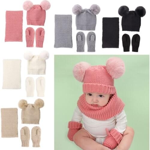 Three pieces Hat Scarf Set Beanie Cap Childrens Hats Girls Caps Fake Ball Pompon Keep Warm Winter Knitted Skullies Kids Bone