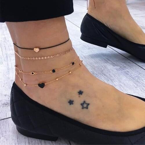 Docona Bohemian Black Stone Heart Anklet Set for Women Girls Gold Color Layered Adjustable Foot Chains Jewelry Tobilleras 5292
