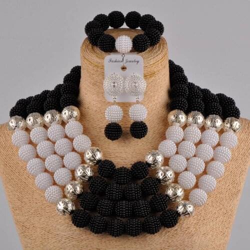 Flash black and white african beads jewelry set simulated pearl nigerian wedding set