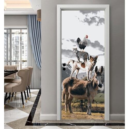 Funny Wall Sticker Donkey Dog Cat Chicken Door Sticker 3D Vinyl Self Stick Wallpaper For Living Room Bedroom DIY Home Design