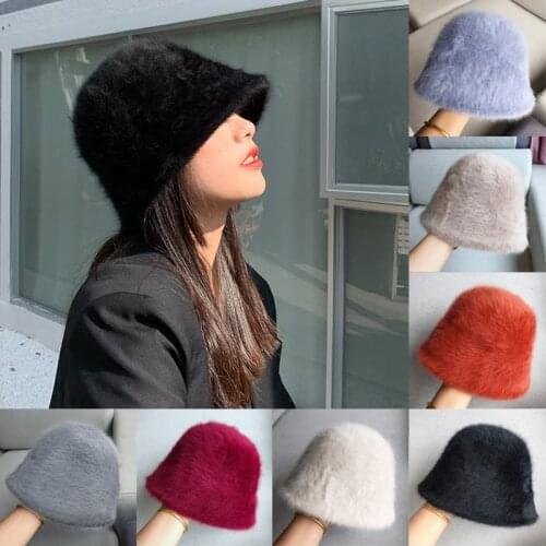 Women Bucket Hat Fashion Solid Color Panama Cap Soft Plush Rabbit Fur Winter Outdoor Warm Cap Korean All-Match Fisherman Hat