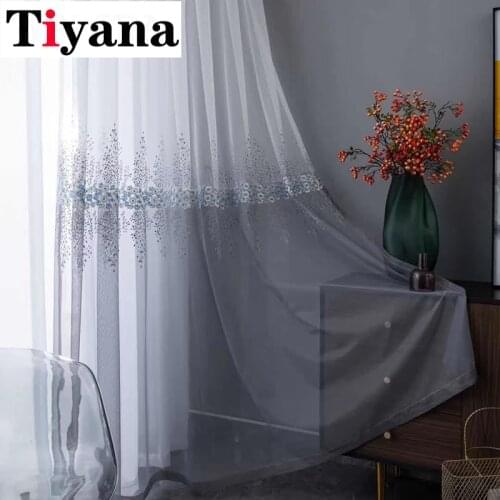 Luxury Grey Blue Embroidery Voile Curtain for Living Room Sheer Mesh Fabric Tulle Curtain for Bedroom Window Drape JK177D