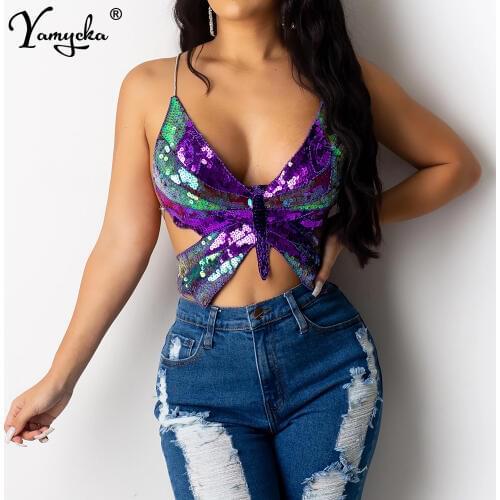 Sexy Halter Sequin Butterfly Top Corset y2k Crop Top Women Summer Top Club Womens Tops Backless Party Vintage Clothes Tank Top