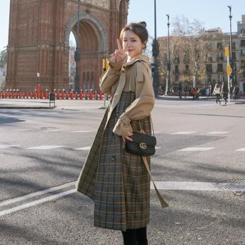 Spring Autumn Women Fashion Korean Plaid Splice Khaki Long Trench Coat Lady Elegant Loose Belted Windbreaker Outerwear C201