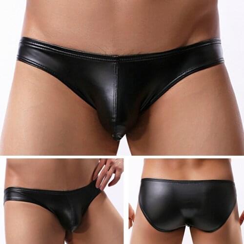 New Mens Briefs Faux Leather Jockstrap Thong Stretch Briefs Sissy Pouch Panties Underwear Black Low Waist 2021 Male Underpants