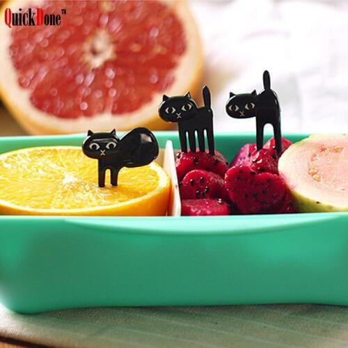 QuickDone 6Pcs Mini Animal Fork Fruit Picks Cute Black Cat Children Fork Bento Decor Accessories Kitchen Gadgets AKC5124