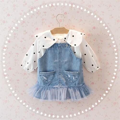 1 2 3 4 5 6 Years Toddler Girl Clothing Sets Casual Korean Polka Dot Long Sleeve Shirt Denim Strap Dress 2pcs Baby Kids Clothing