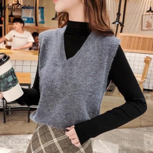 Sweater Vests Women Solid Knitted V-Neck Students Harajuku Loose Casual Tops Outwear Lady Jumper Fashion Simple All-match Kpop