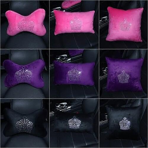 Winter Plush with Crown Crystal Rhinestone Car Pillow Sets For Girls Warm Fur Head Rest Neck Waist Supports Auto Lumbar Pillows