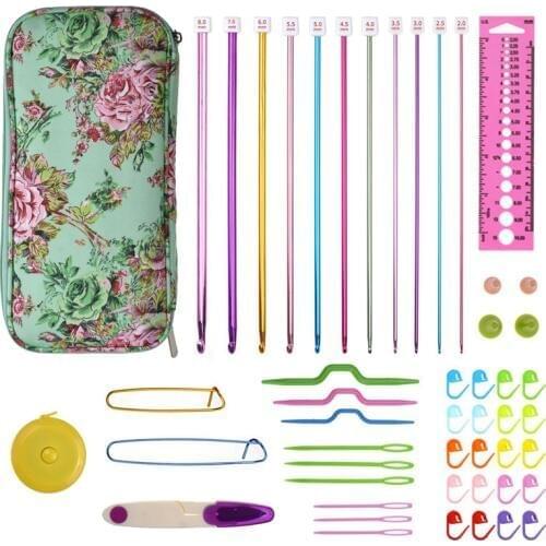 11pcs Aluminum Tunisian Crochet Hooks Set Mix 2- 8mm Afghan Hook Kit Scissors Sewing Accessories Tools With Storage Bag For Mom