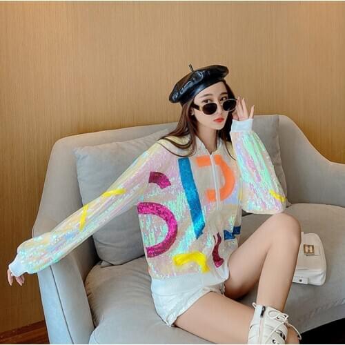 2020 Jacket Coat 2020 Fashion Loose Real Shot For Women Sequins Black Silver White 3 Color Free Shipping